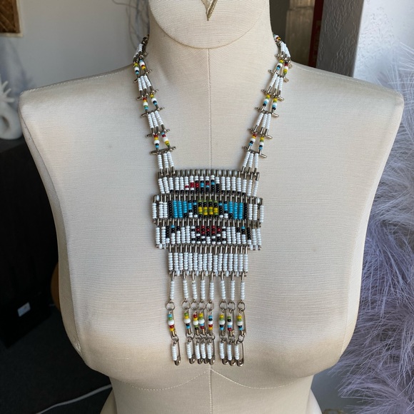 Vintage 70s Native American Thunderbird Beaded Necklace fringe festival boho - Picture 9 of 10